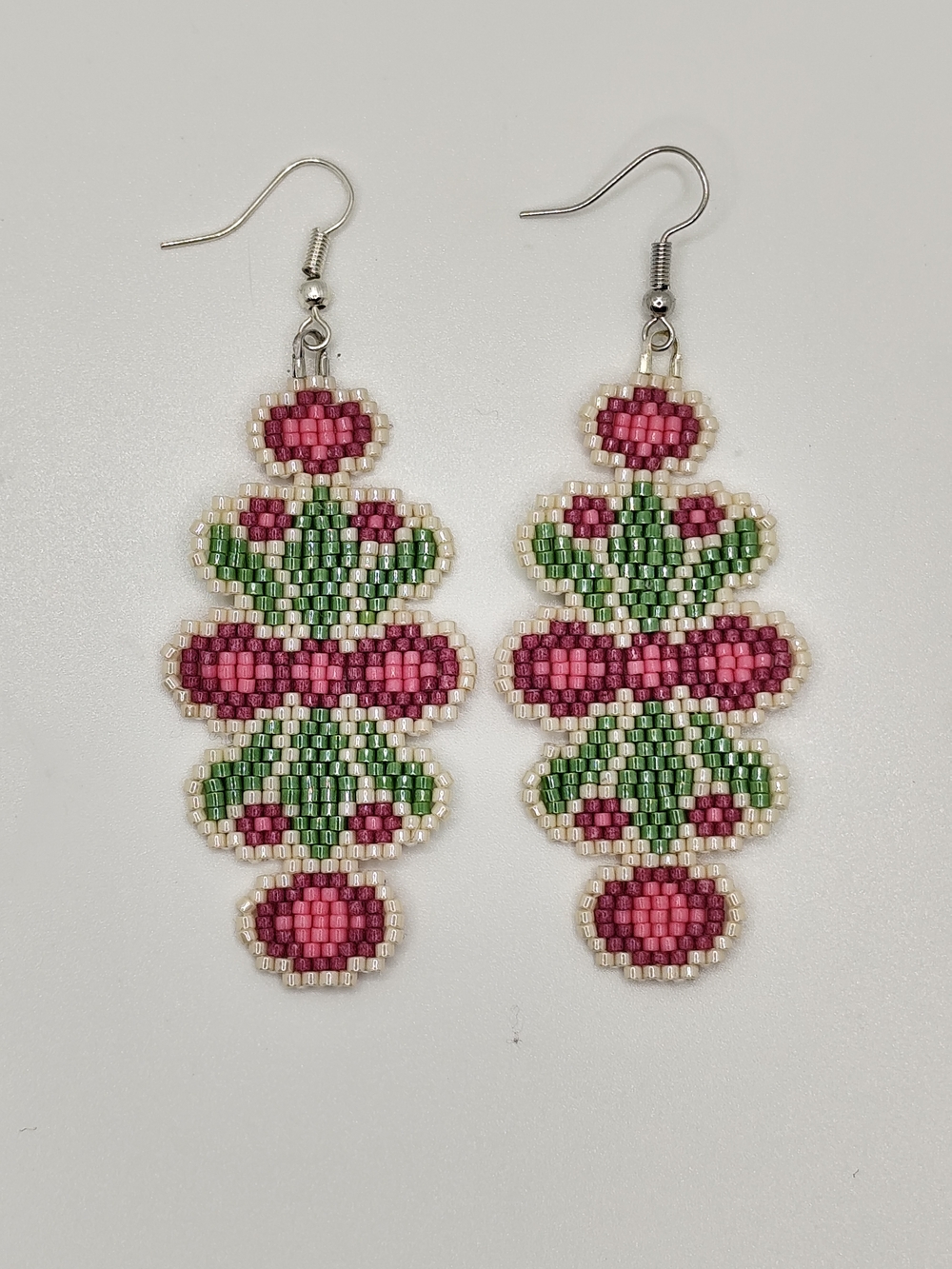 Handcrafted Pink and Green Seed Bead Dangle Earrings